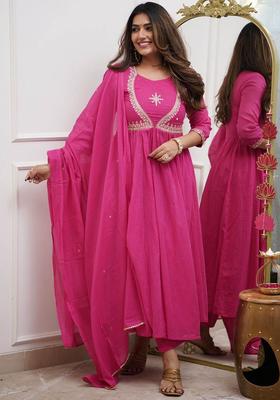 Pink Embroidered Cotton Anarkali Set