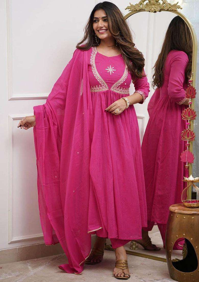 Pink Embroidered Cotton Anarkali Set - Indya
