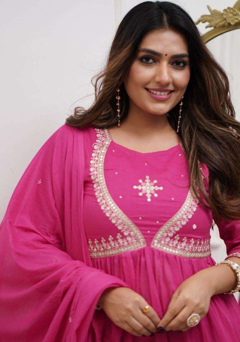 Pink Embroidered Cotton Anarkali Set - Indya