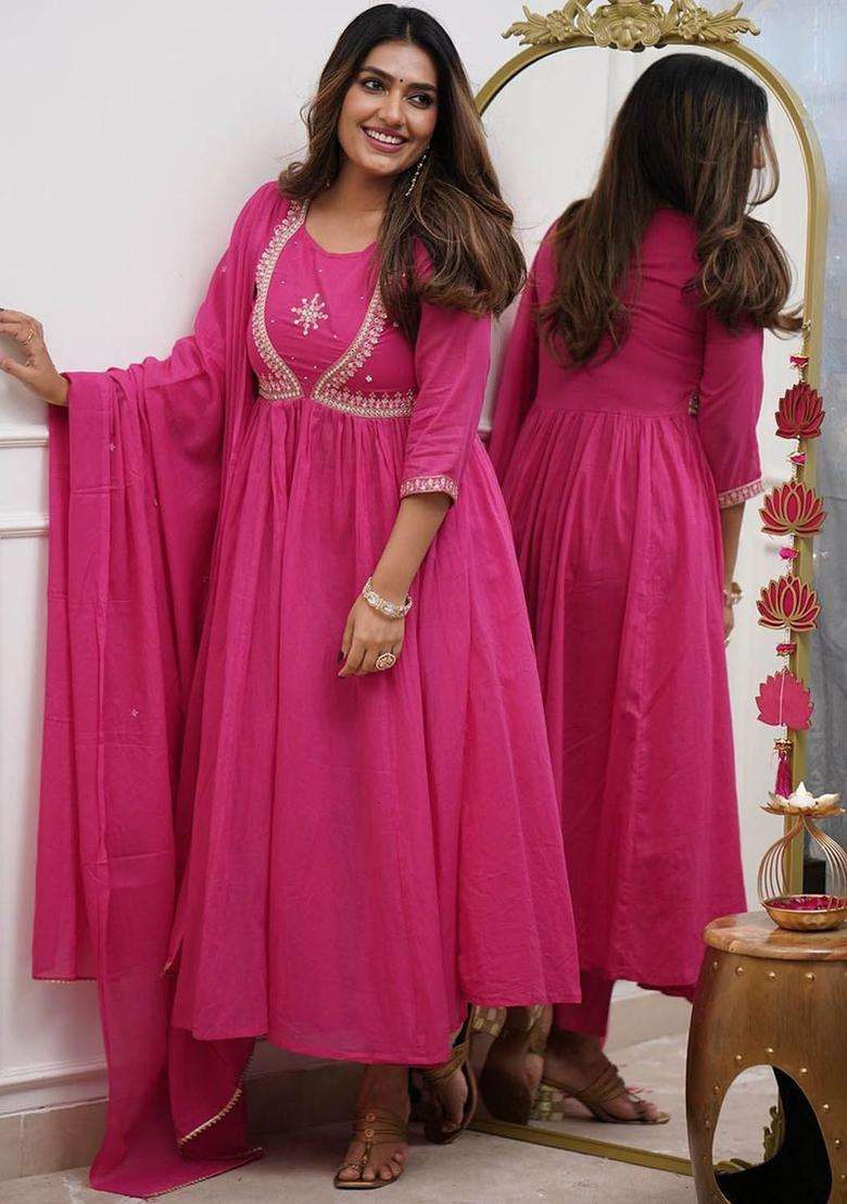 Pink Embroidered Cotton Anarkali Set - Indya