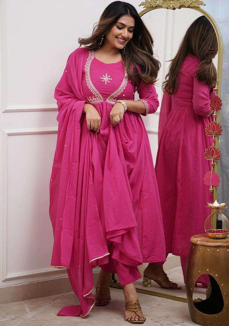 Pink Embroidered Cotton Anarkali Set - Indya