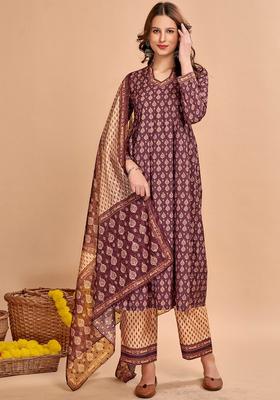 Brown Printed Cotton Kurta Set