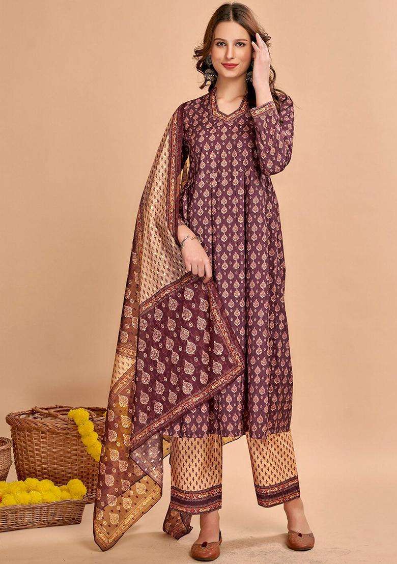 Brown Printed Cotton Kurta Set - Indya