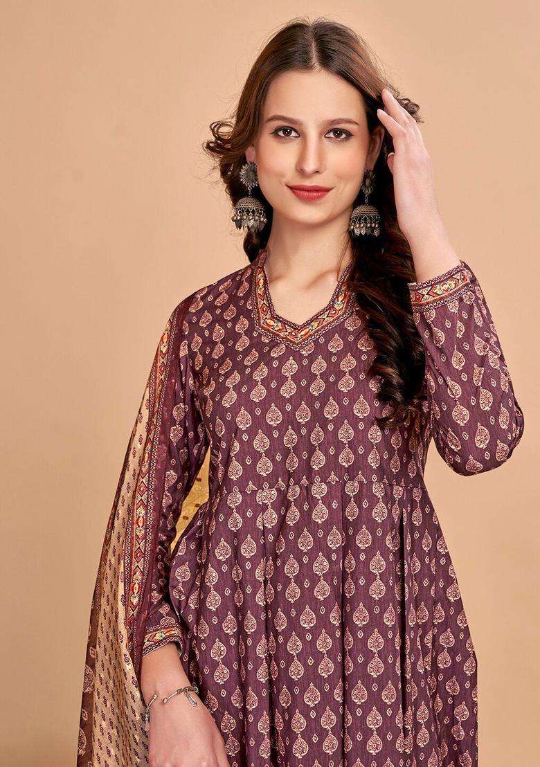 Brown Printed Cotton Kurta Set - Indya