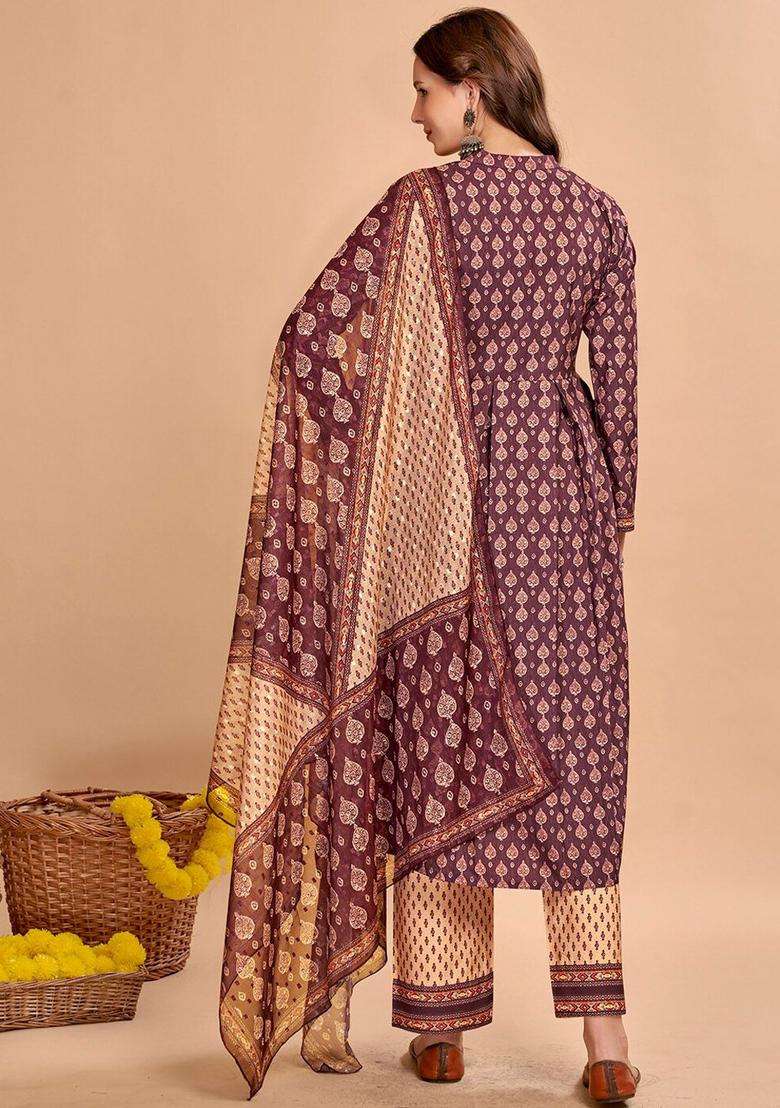 Brown Printed Cotton Kurta Set - Indya