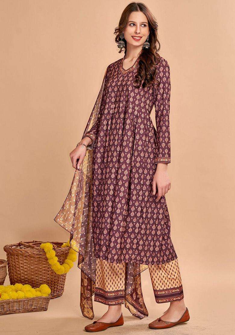 Brown Printed Cotton Kurta Set - Indya