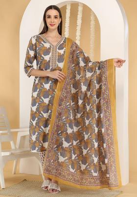 Grey Printed Cotton Kurta Set
