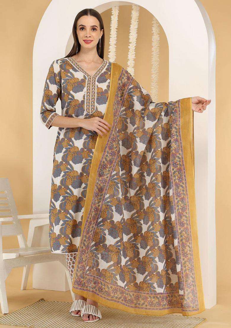 Grey Printed Cotton Kurta Set - Indya