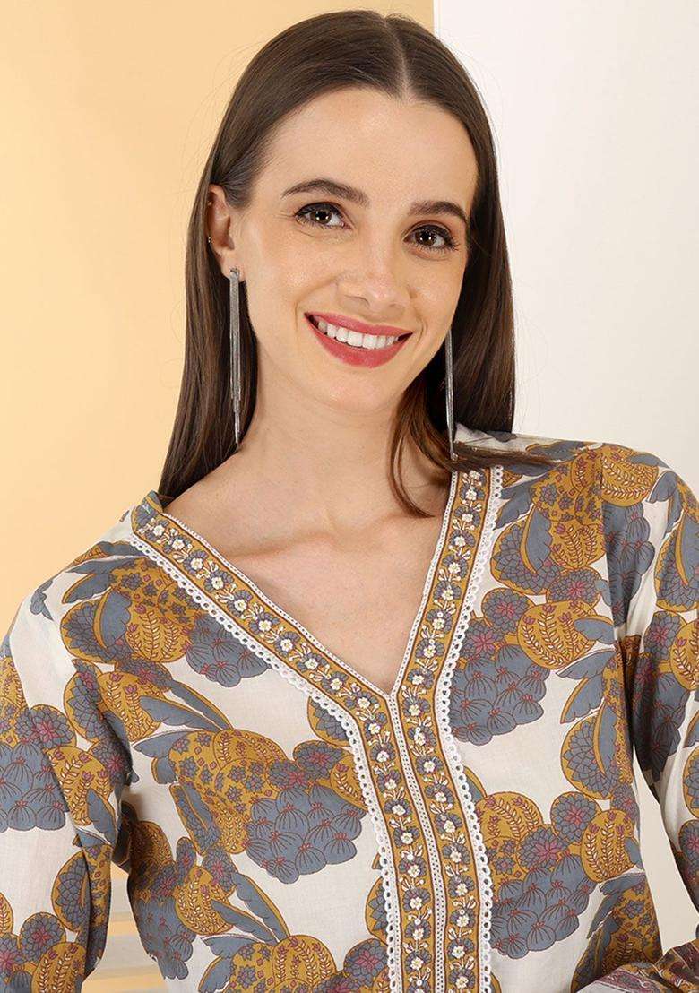 Grey Printed Cotton Kurta Set - Indya