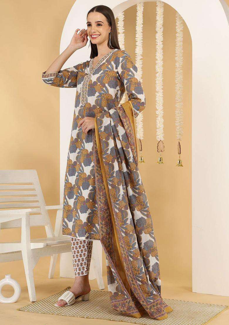 Grey Printed Cotton Kurta Set - Indya