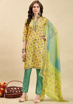Yellow Printed Polyester Kurta Set