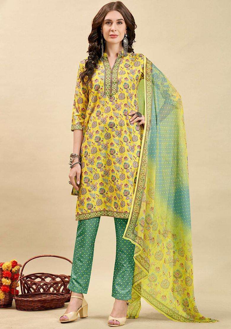 Yellow Printed Polyester Kurta Set - Indya