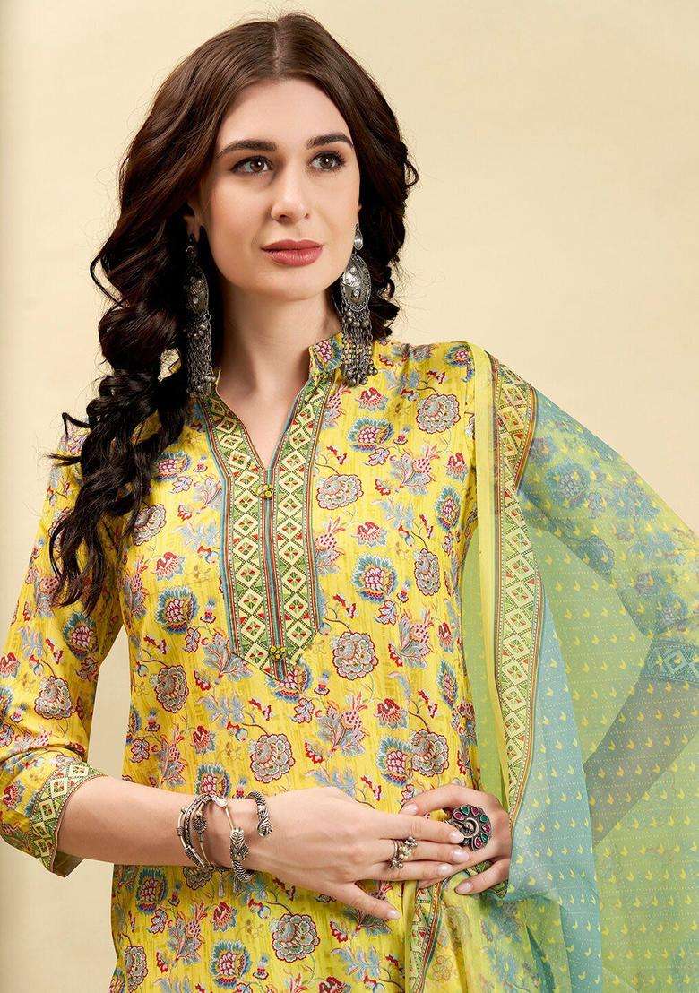 Yellow Printed Polyester Kurta Set - Indya