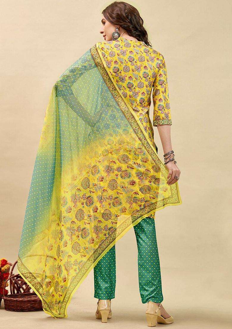 Yellow Printed Polyester Kurta Set - Indya