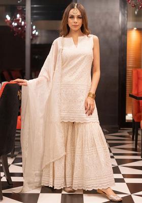 Beige Embroidered Cotton Kurta Set