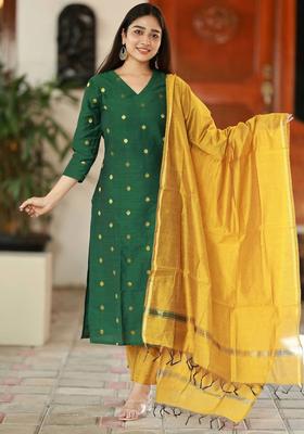 Green Woven Design Silk Blend Kurta Set