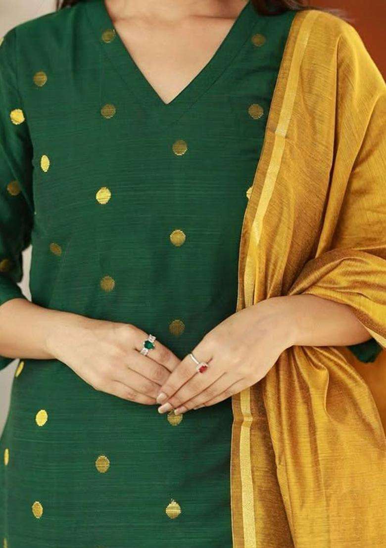 Green Woven Design Silk Blend Kurta Set - Indya