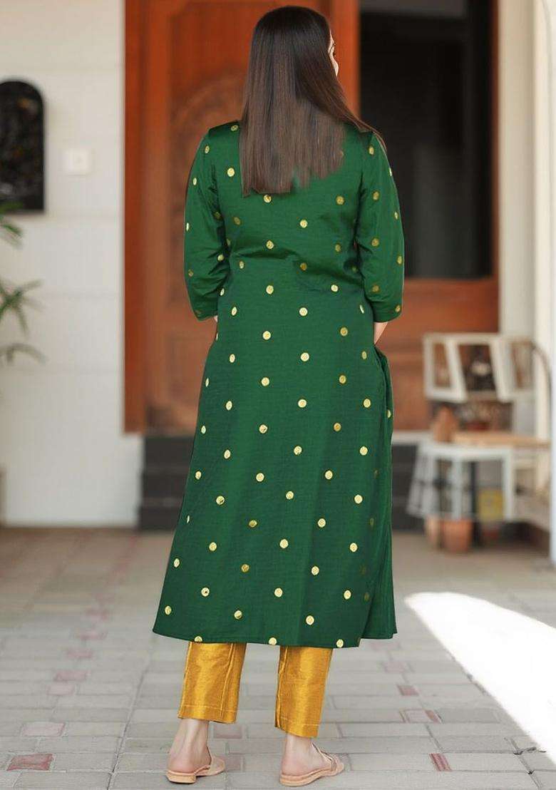 Green Woven Design Silk Blend Kurta Set - Indya