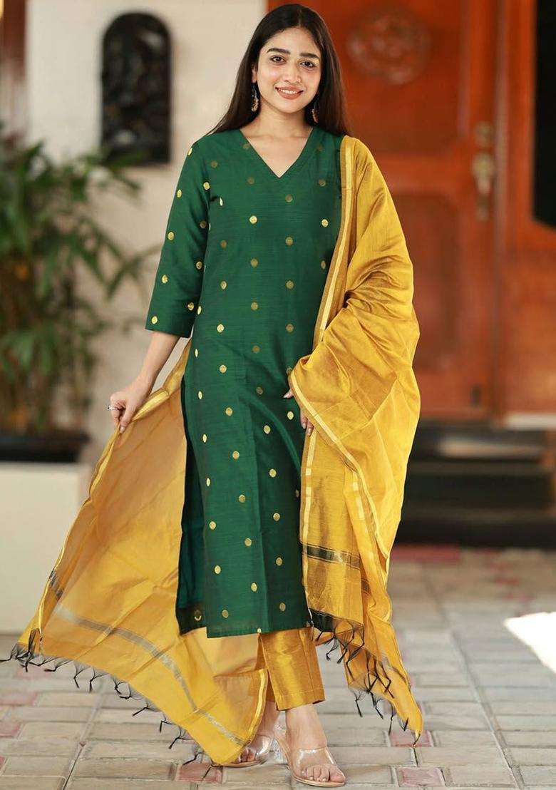 Green Woven Design Silk Blend Kurta Set - Indya