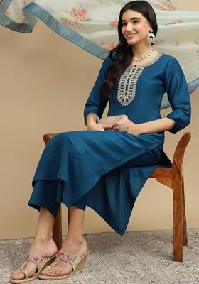 Teal Embroidered Viscose Kurta Set