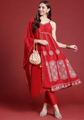 Red Solid Polyester Kurta Set