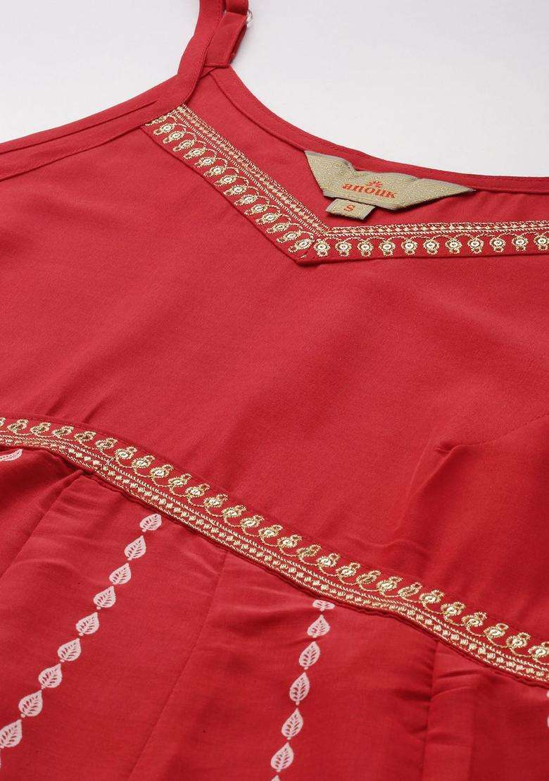 Red Solid Polyester Kurta Set - Indya