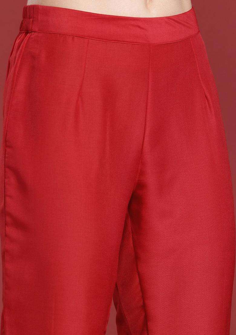 Red Solid Polyester Kurta Set - Indya