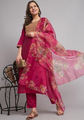 Pink Yoke Design Silk Blend Kurta Set