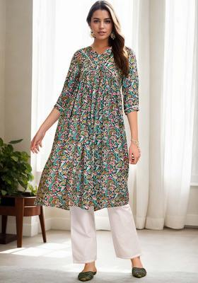 Green Printed Viscose Kurta Set