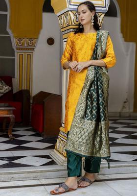 Yellow Woven Design Cotton Kurta Set