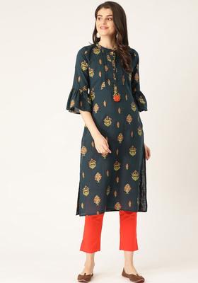 Teal Printed Viscose Kurta Set