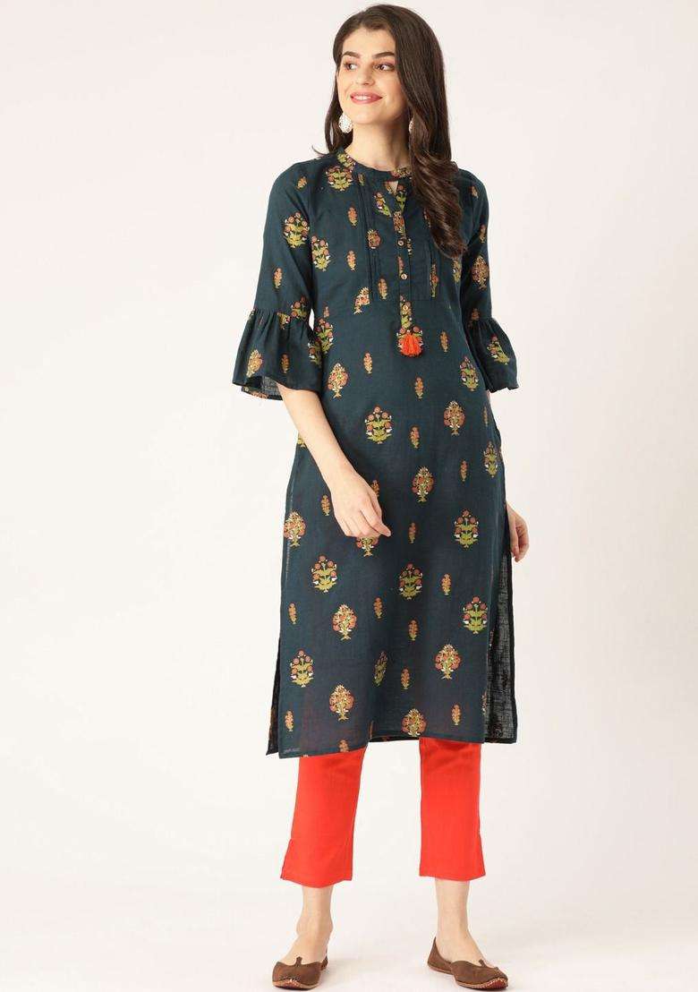 Teal Printed Viscose Kurta Set - Indya