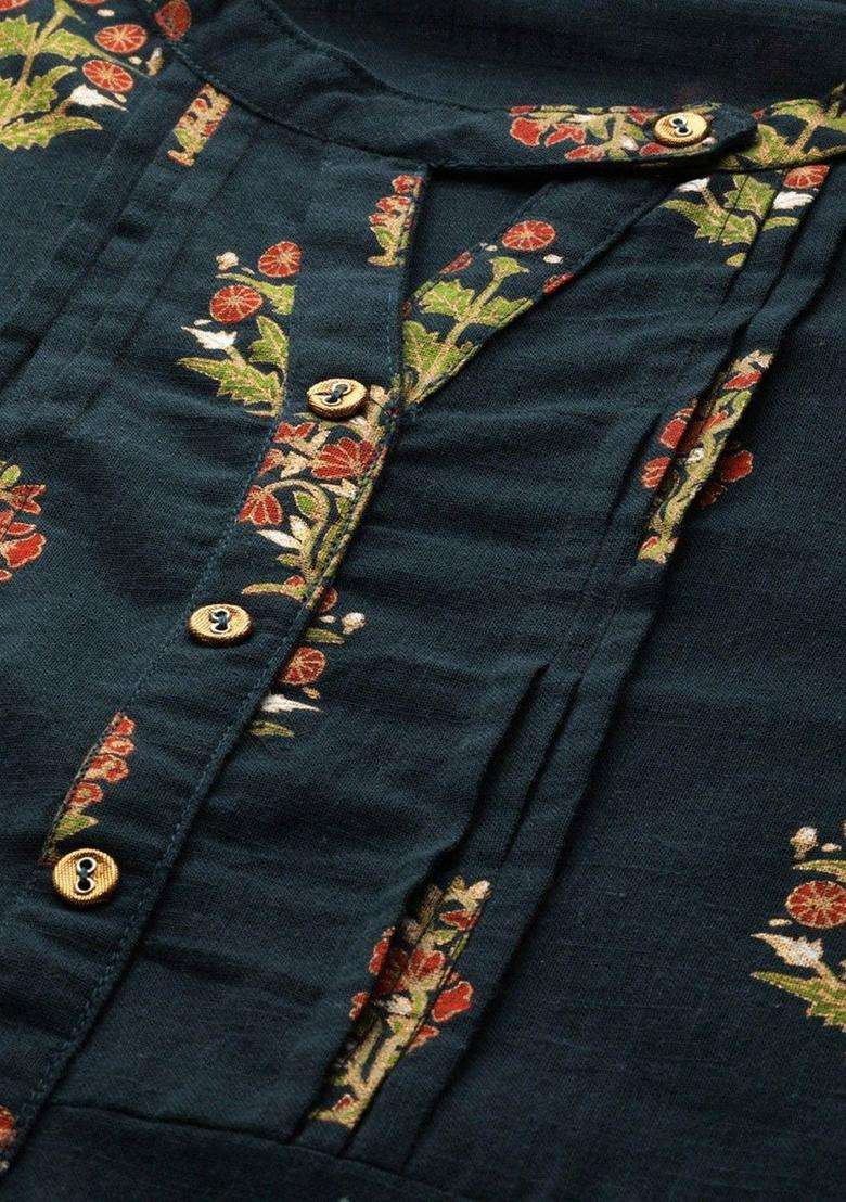 Teal Printed Viscose Kurta Set - Indya