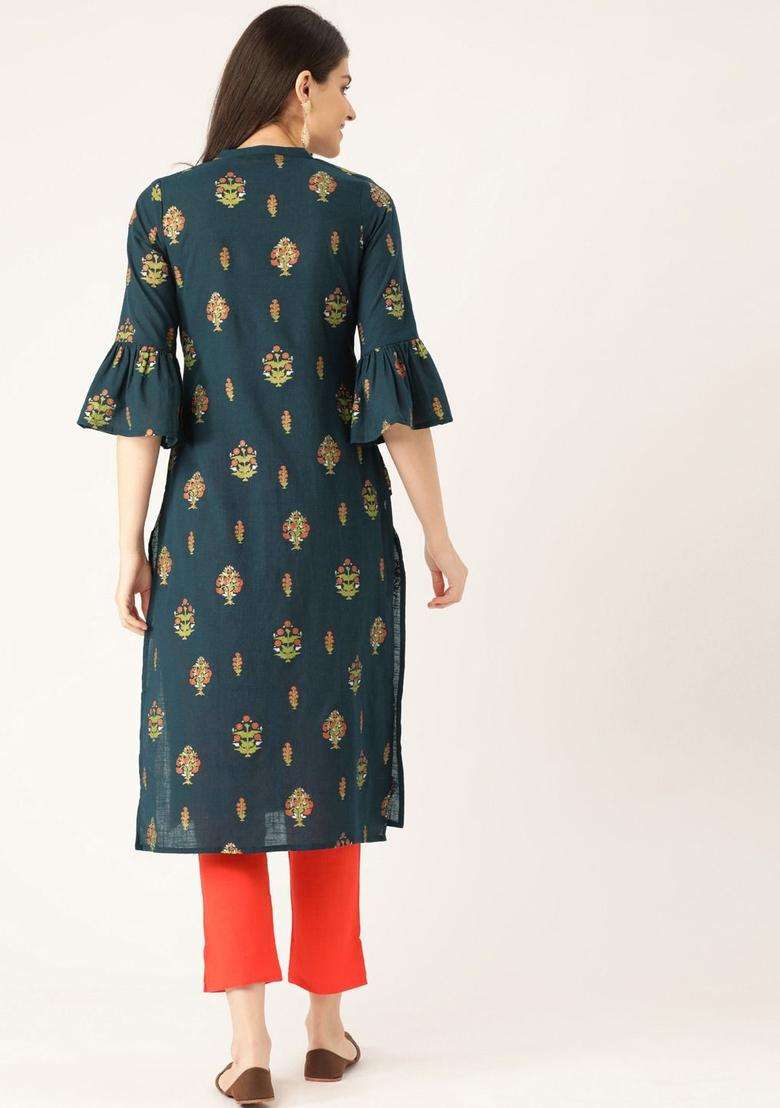 Teal Printed Viscose Kurta Set - Indya