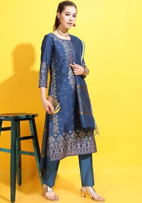Teal Printed Viscose Kurta Set