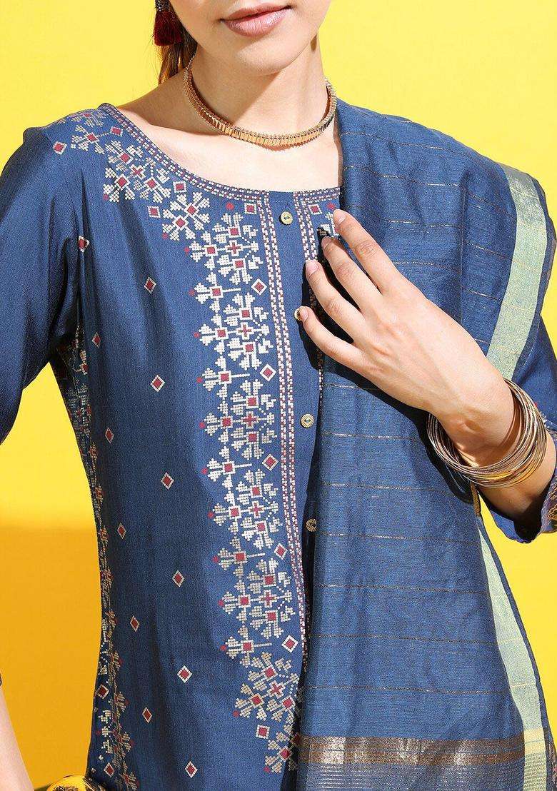 Teal Printed Viscose Kurta Set - Indya