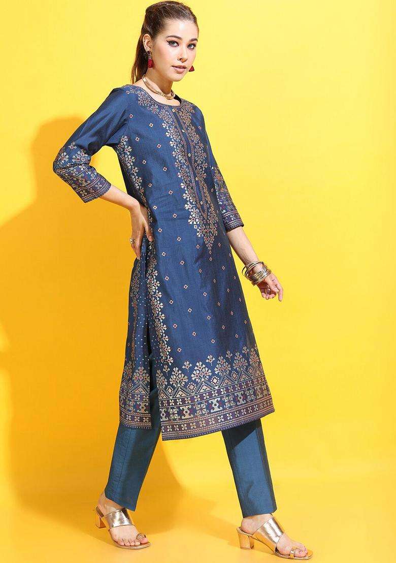 Teal Printed Viscose Kurta Set - Indya