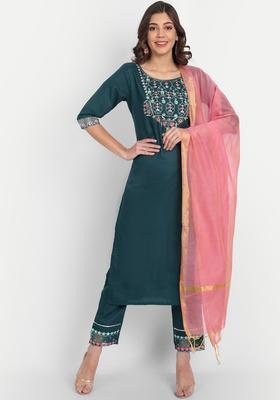 Teal Yoke Design Cotton Kurta Set