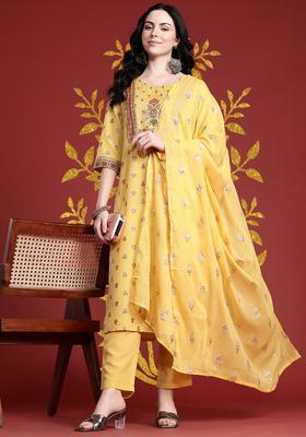 Yellow Printed Polyester Kurta Set
