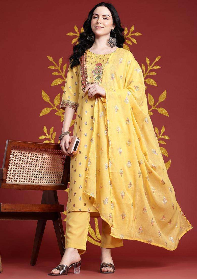 Yellow Printed Polyester Kurta Set - Indya