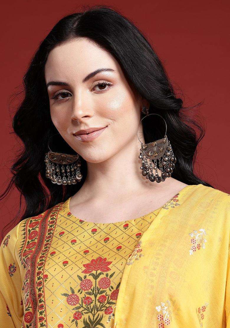 Yellow Printed Polyester Kurta Set - Indya