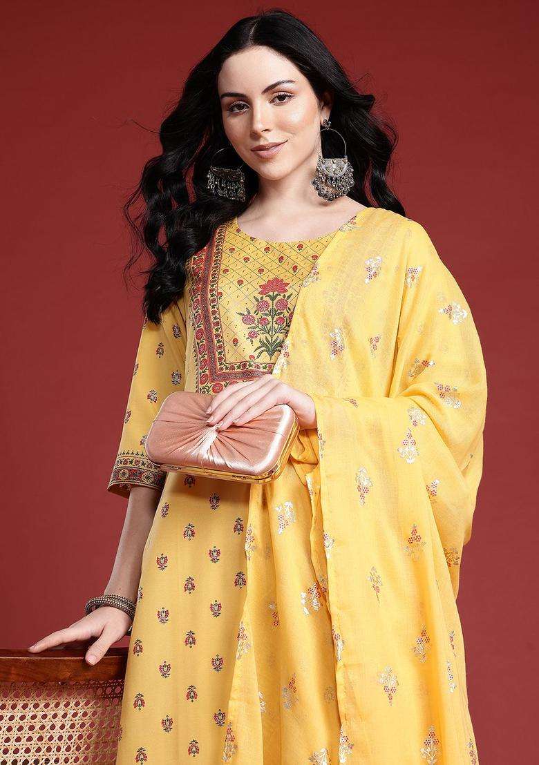 Yellow Printed Polyester Kurta Set - Indya