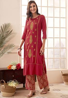 Red Embroidered Viscose Kurta Set