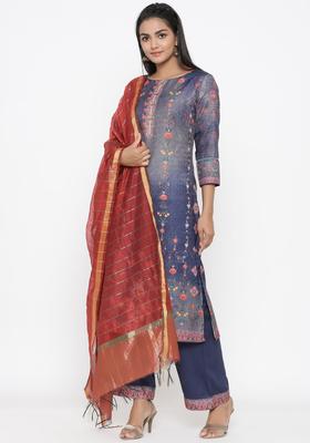 Navy Blue Printed Silk Blend Kurta Set
