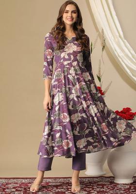 Purple Printed Viscose Anarkali Set