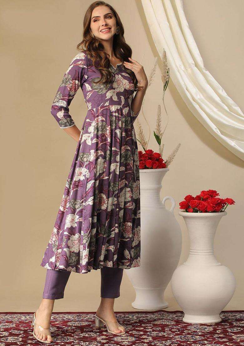 Purple Printed Viscose Anarkali Set - Indya