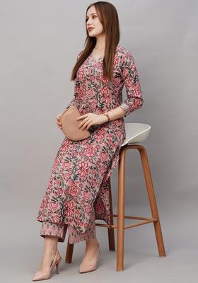 Peach Printed Viscose Kurta Set