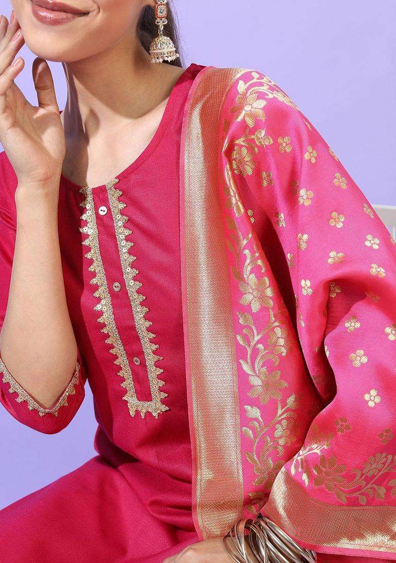 Pink Solid Viscose Kurta Set - Indya