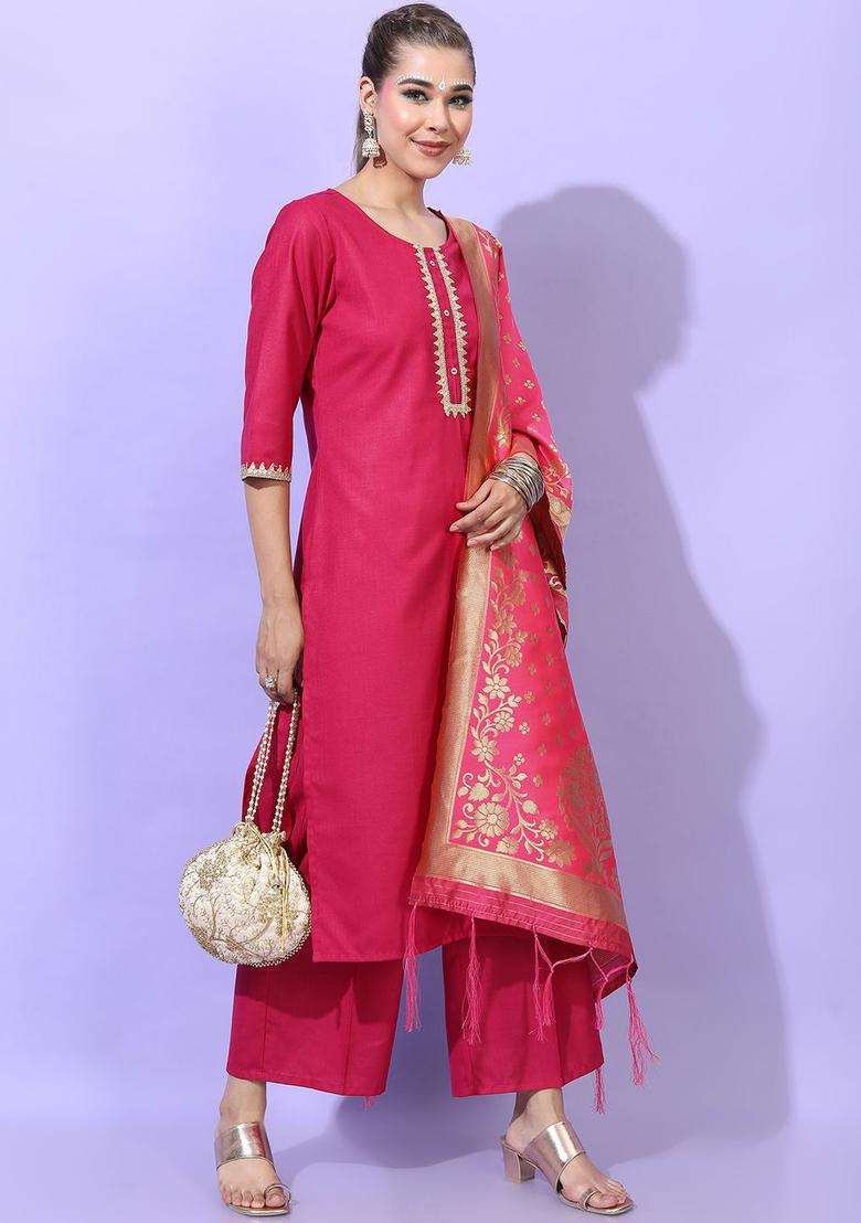 Pink Solid Viscose Kurta Set - Indya