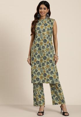 Beige Printed Cotton Kurta Set